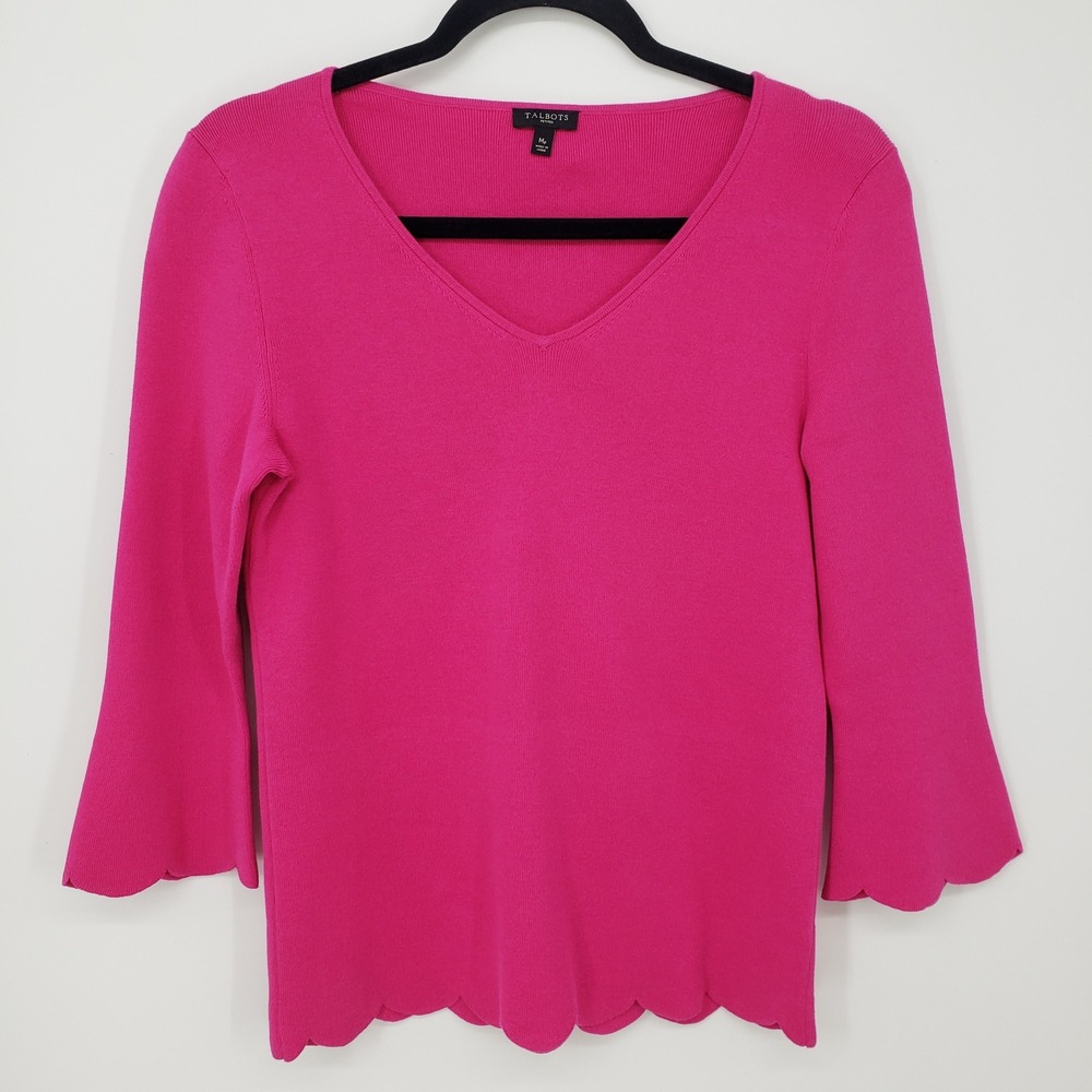 Talbots Scalloped Hem V-Neck Bell Sleeve Sweater‎ Womens Size MP Pink Knit